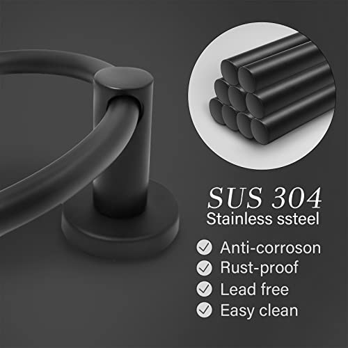 ZGELIN Matte Black Towel Ring, Wall Mounted SUS 304 Stainless Steel Holder
