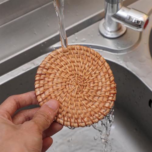 Oruola Natural Rattan Woven Coasters - Set of 2, 3.93 Inch Boho Drink Coasters for Hot Beverages