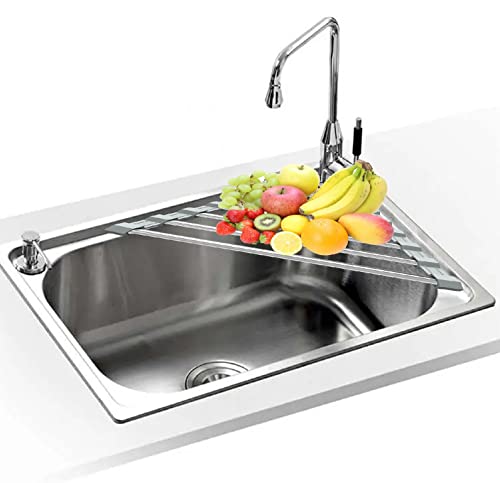 Triangle Dish Drying Rack - Roll Up Folding Stainless Steel Mat for Sink Corner - Gray