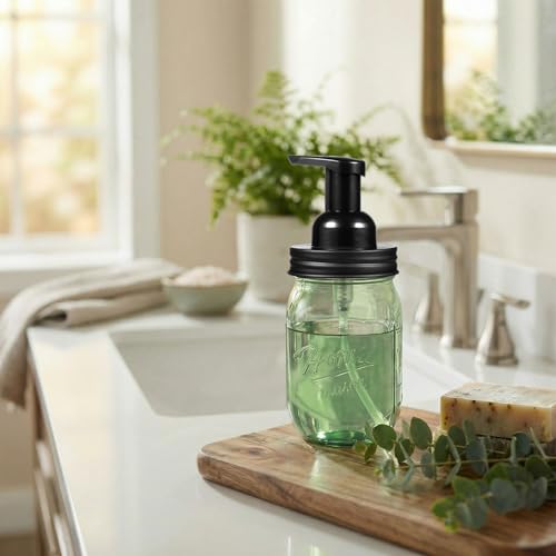 Amolliar 16oz Green Glass Mason Jar Foaming Soap Dispenser
