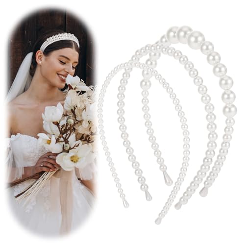Pearl Headband 3-Piece Set - White Faux Pearl & Rhinestone Hair Hoops