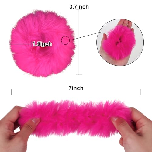 Semato Hot Pink Fuzzy Hair Scrunchies 2Pcs Faux Fur Pom Pom Ponytail Holders
