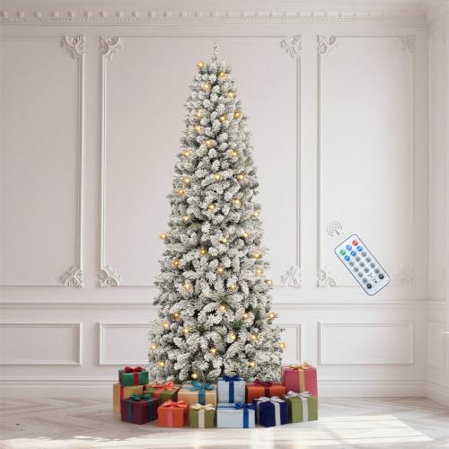 Pre-Lit Flocked Pencil Christmas Tree 7.5ft with 350 Lights and Remote - White / 7ft 6in