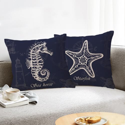 Coastal Decorative Pillow Covers 18x18, Blue Nautical Seahorse Starfish - 2 Pack