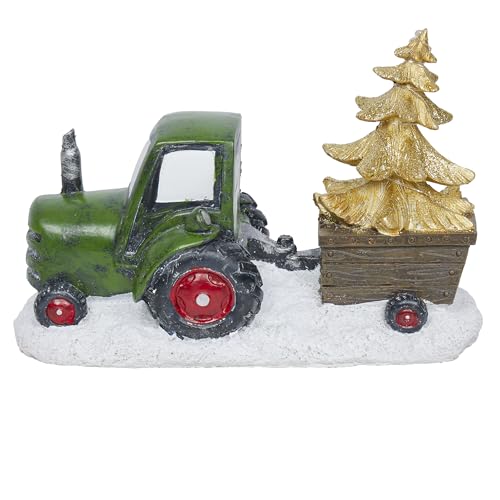 Alpine Corporation Holiday Green Tractor Pulling Tree Statue with LED Lights