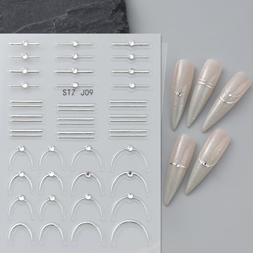 5D Embossed French Tip Silver Nail Stickers with Crystal Rhinestones 3 Sheets