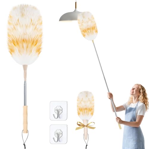 LOVECO Pale Yellow Lambs Wool Duster - Extendable 29-49 Inch for Scratch-Free Cleaning