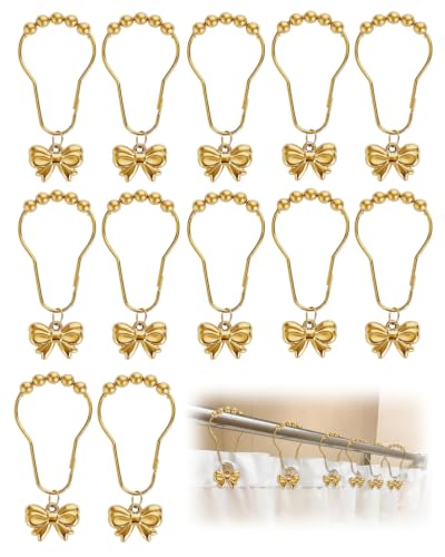 Gold Bow Shower Curtain Hooks 12-Pack - Rustproof Decorative Ring Set
