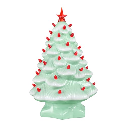 14-Inch Ceramic Nostalgic Christmas Tree with Red LED Bulbs & Timer