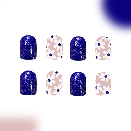 Short Square Press On Nails Dark Blue Floral Glitter False Nails
