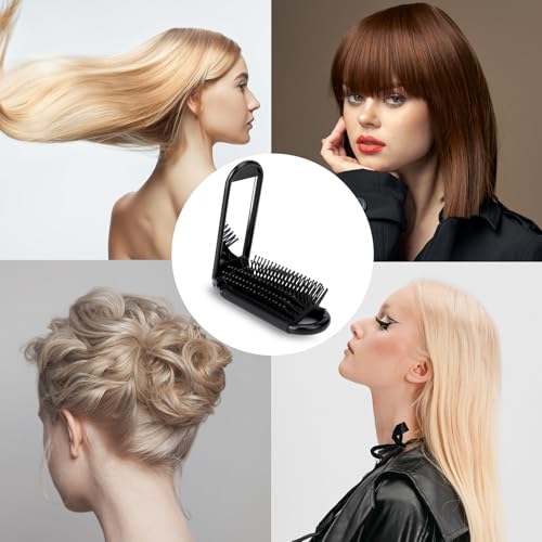 Travel Folding Hair Brush with Mirror, 2-Pack Compact Portable Comb