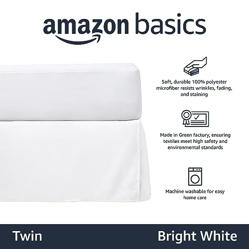 Amazon Basics Pleated Bed Skirt, Twin, Bright White, 16-inch Drop (8-Pack)