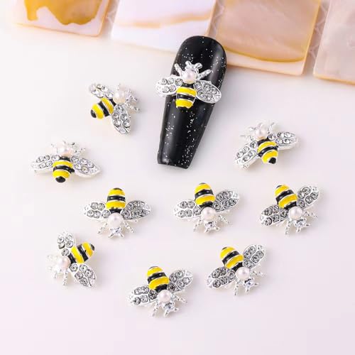 COOSLIM Gold Bee Nail Art Charms - 10Pcs 3D Alloy Rhinestone Crystal Jewels