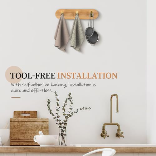 Nekon Bamboo Wall Key Holder with Gold Hooks - Small Adhesive Rack