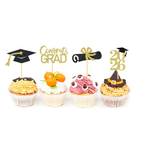 Black Gold Graduation Cupcake Toppers - Class of 2026, 24 Pack