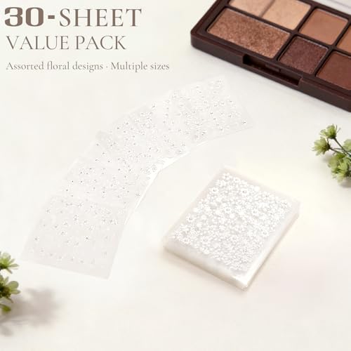 3D White Flower Nail Art Stickers with Rhinestones - 30 Sheets Self-Adhesive Floral Decals