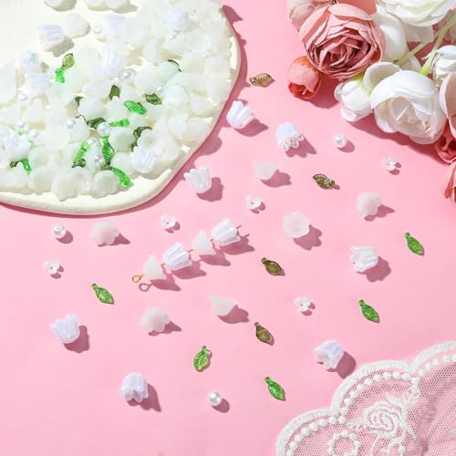 BEEFLYING 180Pcs Glass Flower Leaf Beads & Acrylic Pearls for Jewelry Making