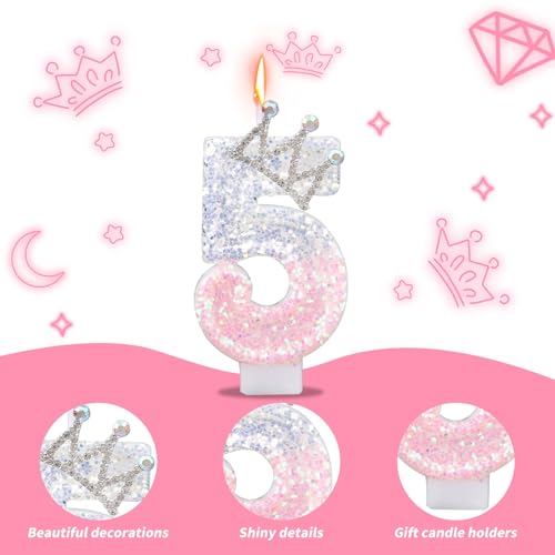Pink & Silver Crown Birthday Number 5 Candle Decoration