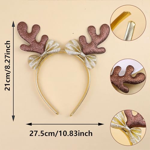 Ecuupas Christmas Antler Headband with Gold Bow Deer Ears Hair Hoop