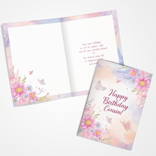 Premium Cousin Birthday Card - Floral Butterfly Design, A5 Size