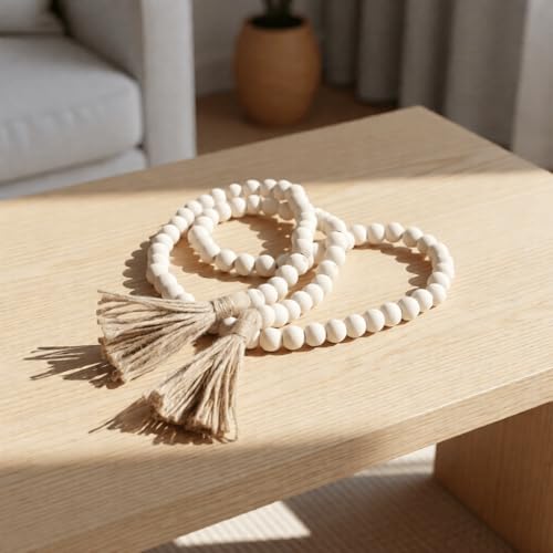 58-Inch Rustic Wood Bead Garland with Tassels for Home Decor