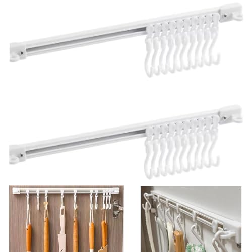 2Pcs 40cm Adhesive Sliding Rail Hook Rack - No-Drill Wall Utensil Hanger