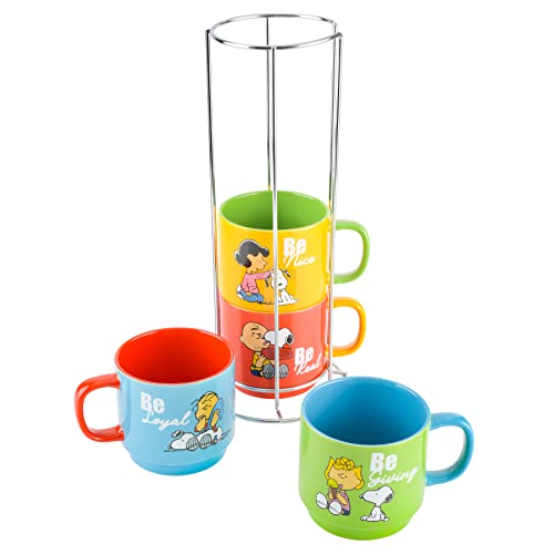 Peanuts Snoopy 15oz Stackable Mug Set with Metal Rack - Assorted Colors