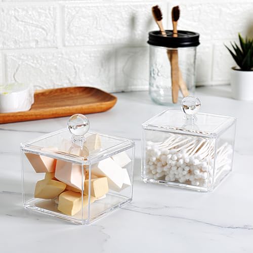 SheeChung Square Acrylic Qtip Holder 2 Pack - Transparent Canisters