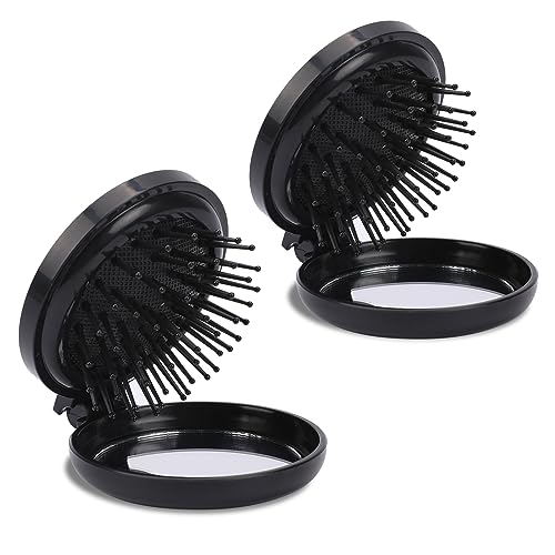 Mozeat Lens Travel Folding Hair Brush with Mirror 2 Pack Black