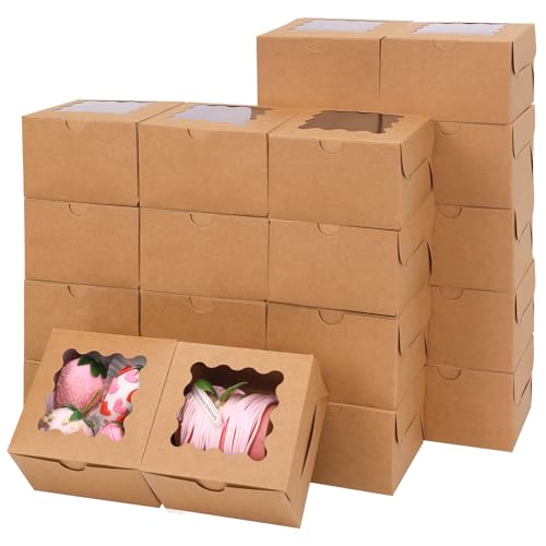 Moretoes 4x4x2.5-Inch Brown Kraft Cookie Boxes with Window - 24 Pack
