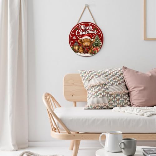 Winter Highland Cow Christmas Sign for Front Door 12x12 Inch Wooden Holiday Decor - Round, Outdoor Indoor Wall Hanging - Variation: Cow, 12"x12"