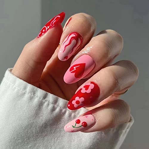 FRUZJAY Red Almond Press on Nails with Cute Flower and Heart Design