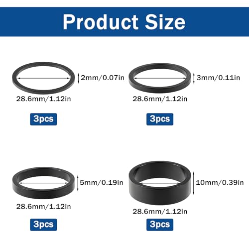 12 PCS Bike Stem Spacers 1 1/8, 4 Sizes Aluminum Alloy Bike Headset Spacers Bikes Handlebar Stem Spacers Fit 1-1/8 Inch Stem Mountain Bike Road Bikes Handlebar (10mm 5mm 3mm 2mm)