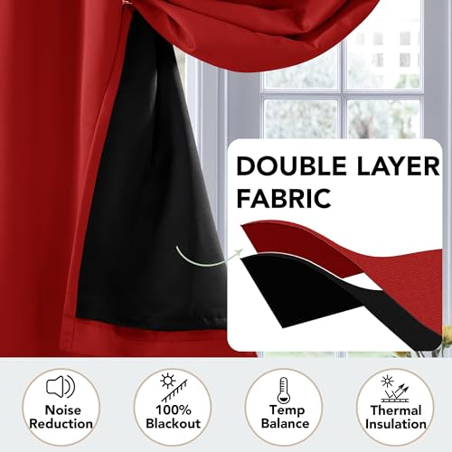 Deconovo 100% Blackout Curtains with Black Liner, Thermal Insulated Noise?Reducing Grommet Drapes, Double?Layer Room Darkening for Bedroom, Nursery, Home Office,1 Panels,Bright Red,100W x 95L