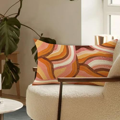 Boho Abstract Wave Lumbar Pillow Cover 12x20 - Orange Cotton Linen