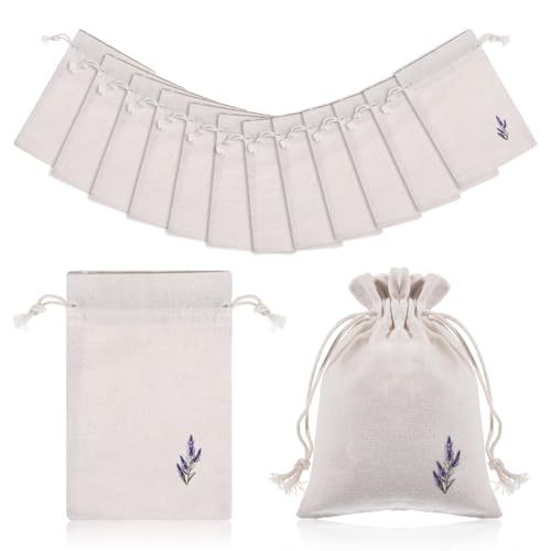 12 Pcs Lavender Embroidered Cotton Drawstring Bags - 4x6 Inch
