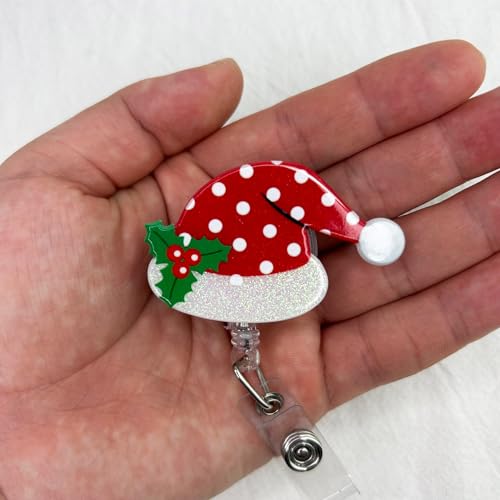 Santa Hat Badge Reel Holder - Retractable Christmas Badge Holder for Nurses & Medical Staff with Alligator Clip & 24-Inch Nylon Cord