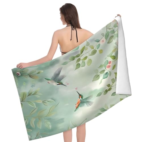 Floral Hummingbird Beach Towel 31x51in - Quick Dry Microfiber