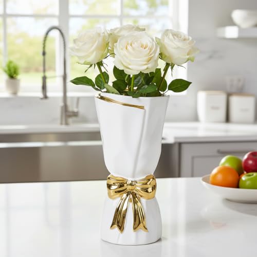 10 Inch White Bow Vase - Modern Ceramic Flower Vase for Home Decor