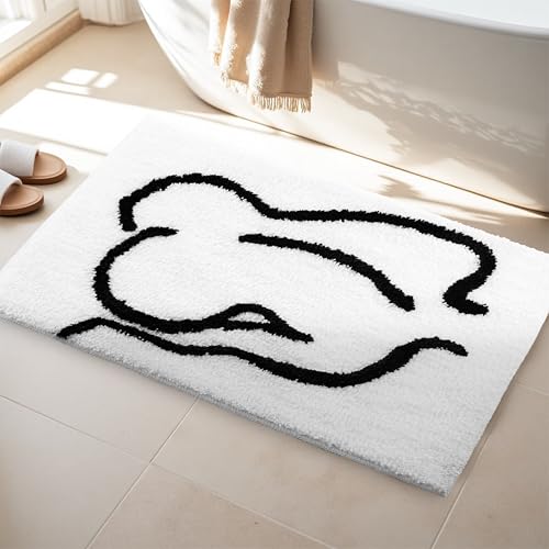 VivaNest Minimalist White Abstract Line Art Bathroom Mat 17x25in, Soft Microfiber Rug with Non-Slip TPR Back - Rectangular 1.5x2.1ft
