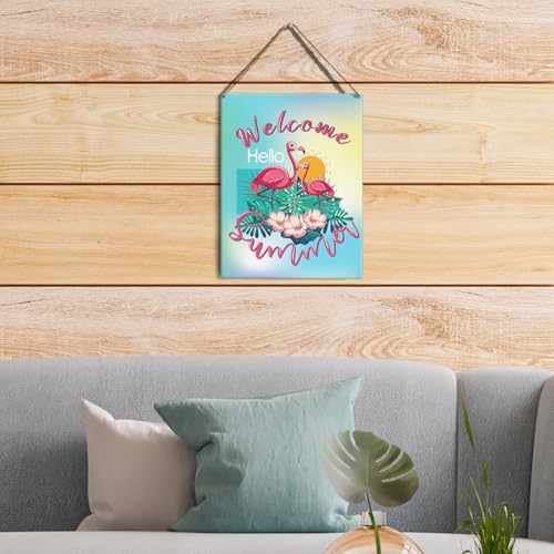 Flamingo Welcome Summer Door Hanger - 8" x 10" Wooden Sign