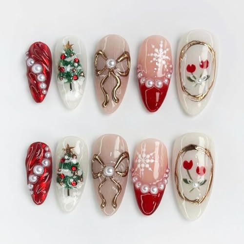 Christmas Press on Nails Medium Almond Red French Tip False Nails 30Pcs