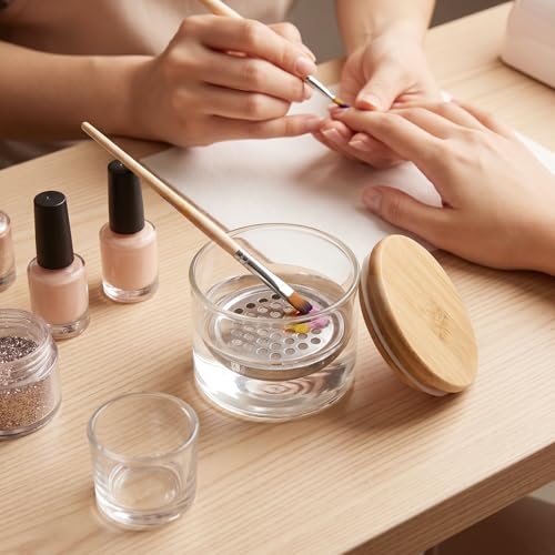 KCGANI Glass Nail Art Brush Cleaner Cup with Lid and Metal Mesh Filter