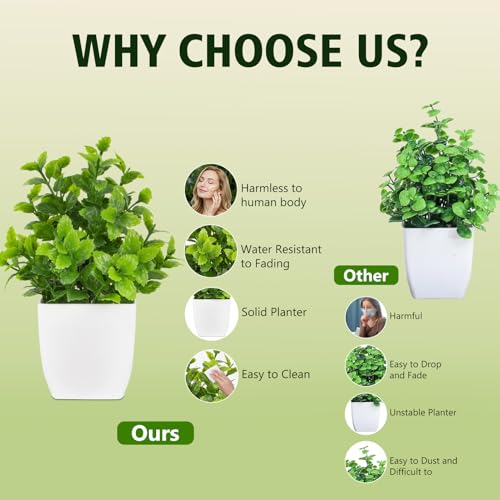 Mini Artificial Plants - Set of 4 Potted Faux Greenery for Home & Office Decor