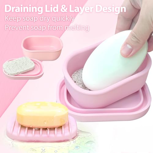 Leakproof Silicone Travel Soap Case with Drainage Layer - Pink