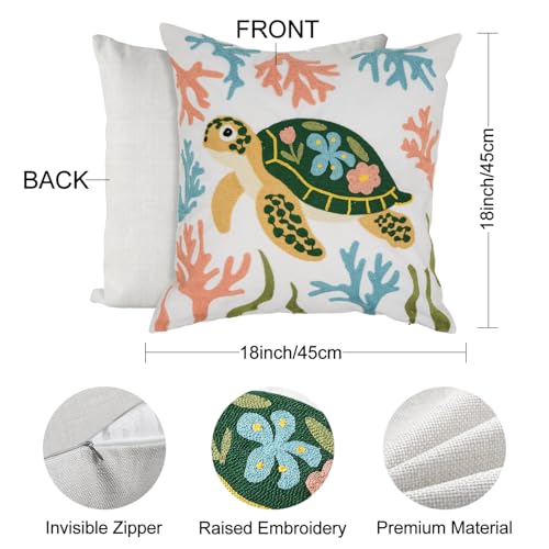 Coastal Sea Turtle Embroidered Throw Pillow Cover 18x18 Inch Beach Decor