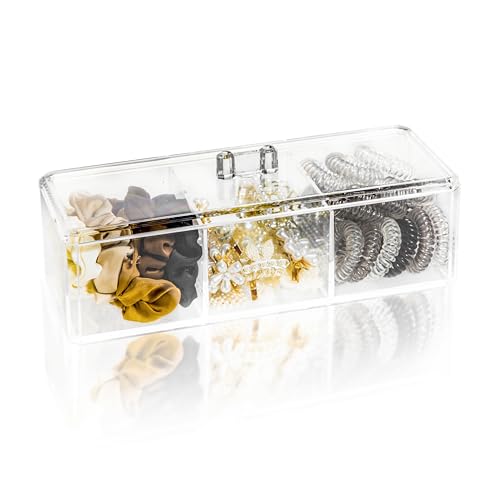 Acrylic Hair Accessories Organizer with Lid - 3 Compartments for Hair Ties, Clips & Bows
