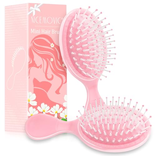 NICEMOVIC Mini Wet Hair Brush 2-Pack, Small Travel Hair Brush for Women Kids, Pink