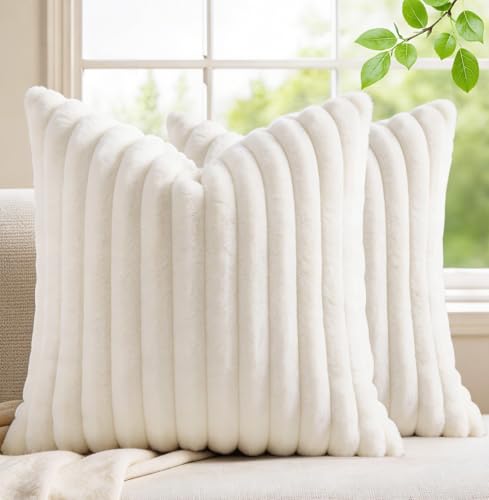 MEGAYES Set of 2 Faux Fur Throw Pillow Covers, 18x18 Striped Plush Cushion