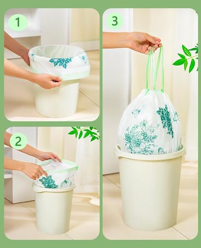 Green 60pcs 4-Gallon Drawstring Trash Bags - Tear-Free Garbage Can Liners